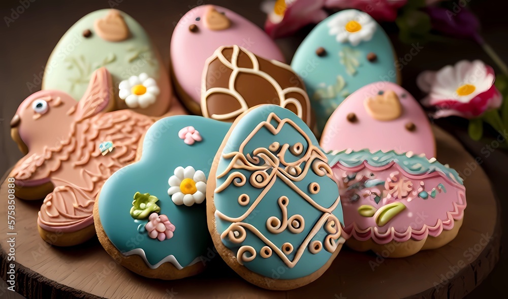 Background of Easter cookies. Greeting card.  Generative AI.