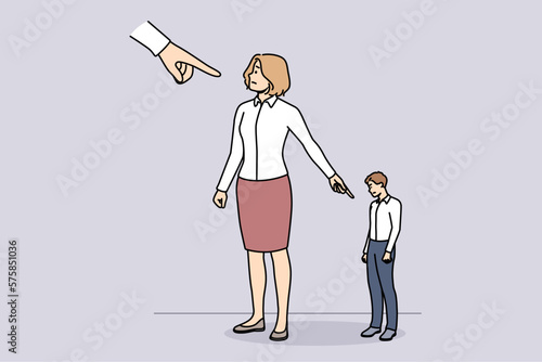 Businesspeople point with finger on colleague or coworker. Employees lay blame and guilt on subordinate. Concept of responsibility and management. Vector illustration. 