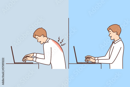 Man with laptop feels pain in back and for incorrect posture at workplace