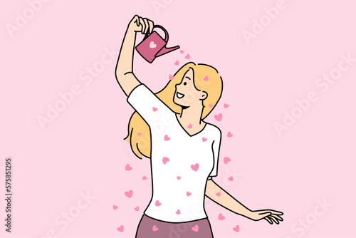 Woman with watering can pouring hearts on herself. Smiling girl feeling in love. Affection and relationships. Vector illustration. 