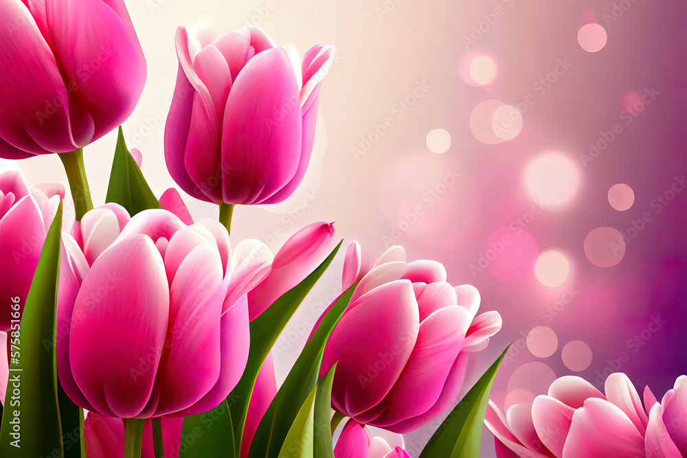 Fototapeta premium Awesome Pink tulips floral background, Background with copy space, realistic. Generative Ai