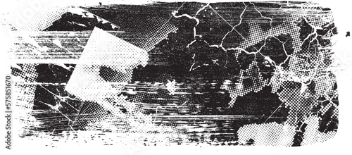 Glitch distorted grunge layer  . Noise destroyed texture . Trendy defect error shapes . Overlay grunge texture . Distressed effect .Vector shapes with a halftone dots screen print texture.