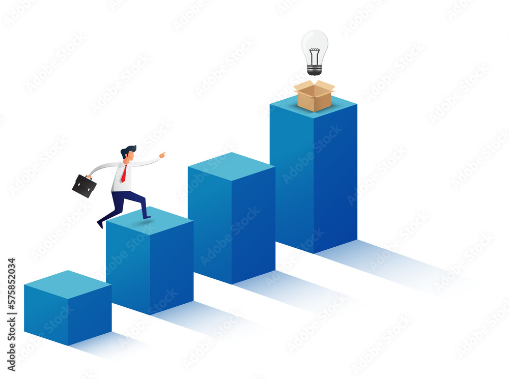 Businessman jumping to the top of the graph have light bulb up from the opening box Businessman jumping to the top of the graph have light bulb up from the opening box