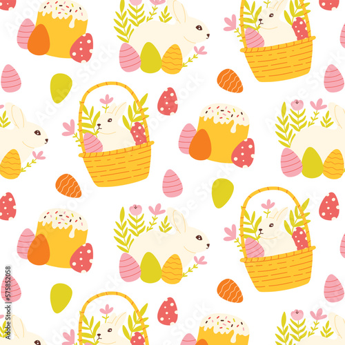Seamless Easter pattern with bunnies, eggs, Easter cake. Vector illustration. Flat style.