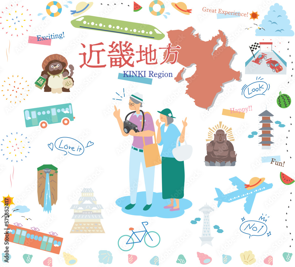 日本の近畿地方の夏の名物観光を楽しむシニア夫婦、アイコンのセット（フラット）