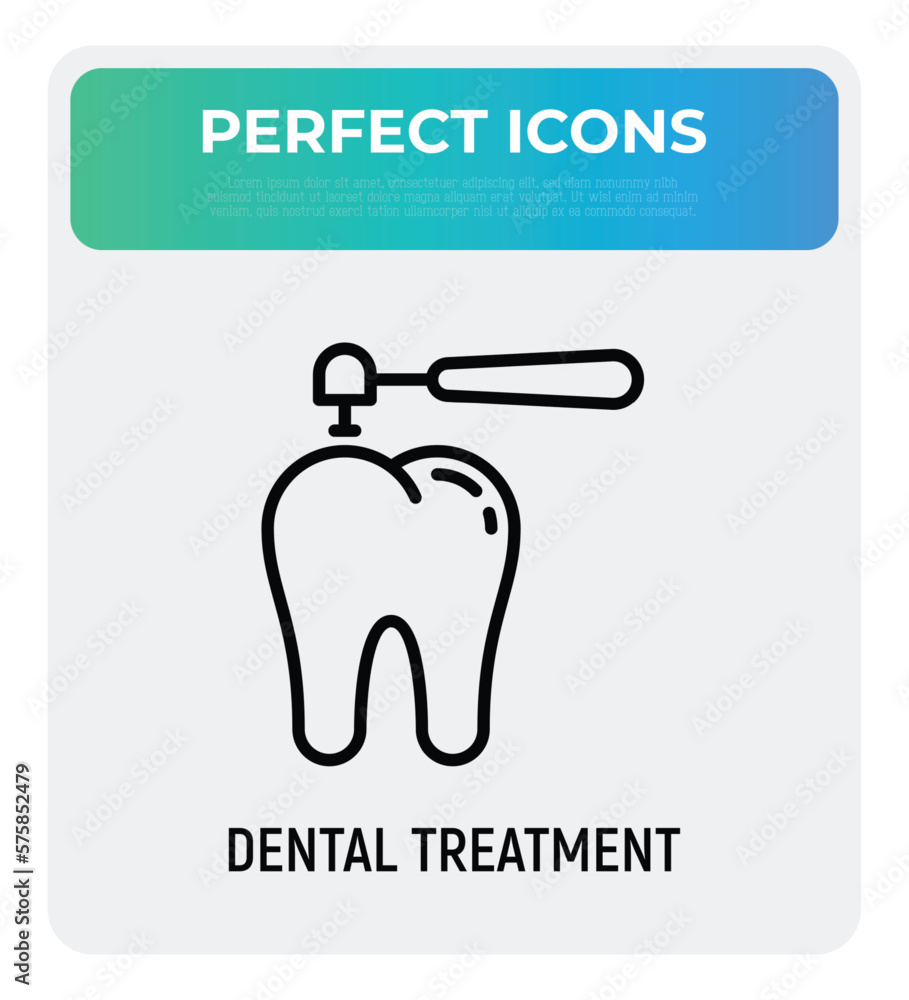 Dental treatment thin line icon. Drilling of caries for filling. Dentistry. Vector illustration. Dental treatment thin line icon. Drilling of caries for filling. Dentistry. Vector illustration.