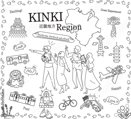 日本の近畿地方の春の名物観光を楽しむ観光客、アイコンのセット（線画白黒）