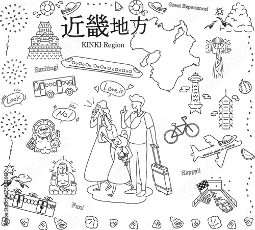 日本の近畿地方の夏の名物観光を楽しむ三人家族、アイコンのセット（線画白黒）