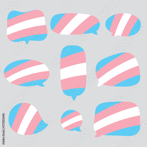 Blue, pink and white colored speech bubble icons, as the colors of the transgender flag. LGBTQI, pride month concept. Flat vector illustration.	