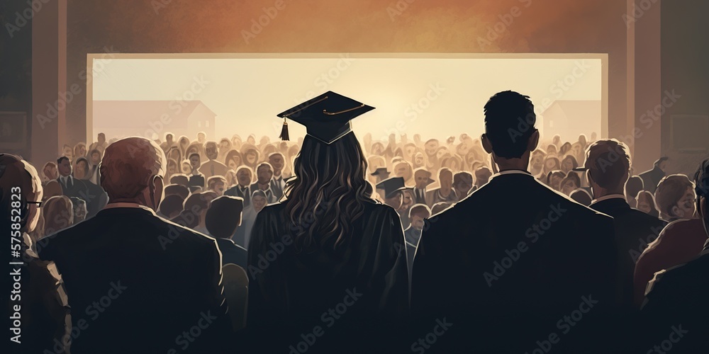 Obraz premium Rear view of excitement of family and friends at graduation ceremony, concept of Celebration and Achievement, created with Generative AI technology
