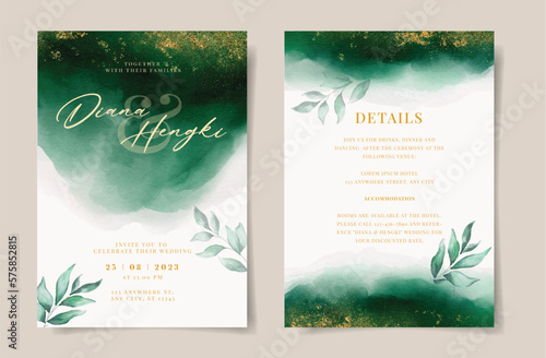 Elegant emerald green watercolor and gold with leaves on wedding invitation card template