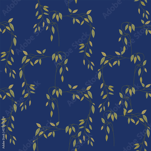 Seamless floral pattern with tree branches. Delicate vines with green leaves on blue background.