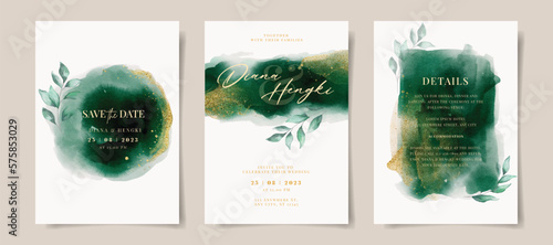 Elegant emerald green watercolor and gold with leaves on wedding invitation card template