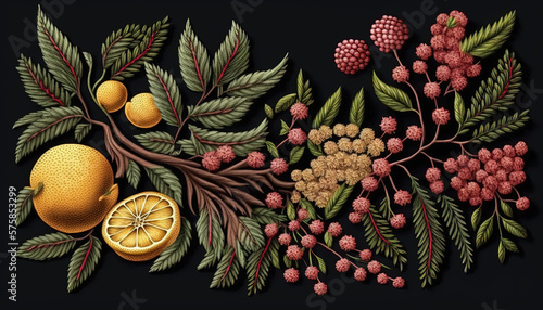 Embroidery lemon  mountain ash berries  cinnamon and carnation. Ai generated
