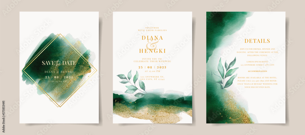 Elegant emerald green watercolor and gold with leaves on wedding invitation card template