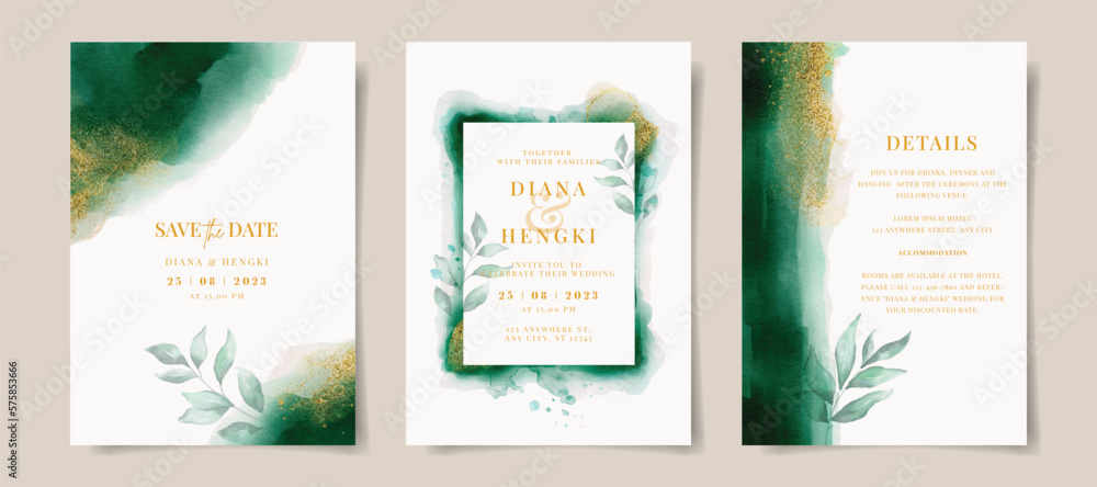 Elegant emerald green watercolor and gold with leaves on wedding invitation card template