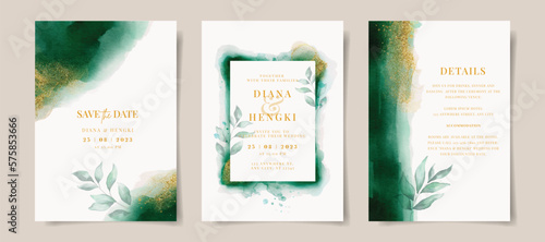 Elegant emerald green watercolor and gold with leaves on wedding invitation card template