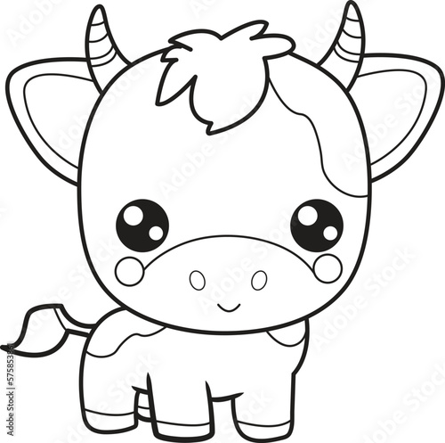 Cute Cow cartoon. Black and white lines. Coloring page for kids. Activity Book.