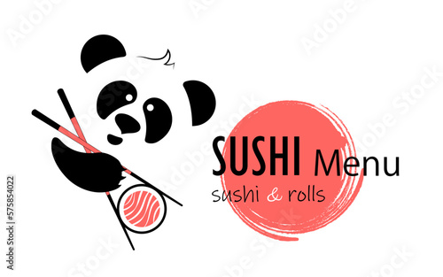 Panda eats sushi. Logo for sushi bars.