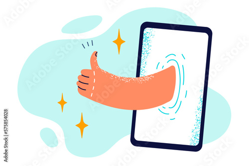 Thumbs up sticking out of phone symbolizes likes on social networks or sympathy in dating service