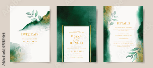 Elegant emerald green watercolor and gold with leaves on wedding invitation card template