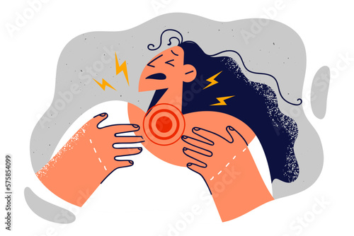 Woman suffers from sore throat marked with red dot after contracting viral infection or disease