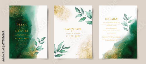 Elegant emerald green watercolor and gold with leaves on wedding invitation card template