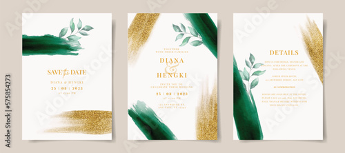 Elegant emerald green watercolor and gold with leaves on wedding invitation card template