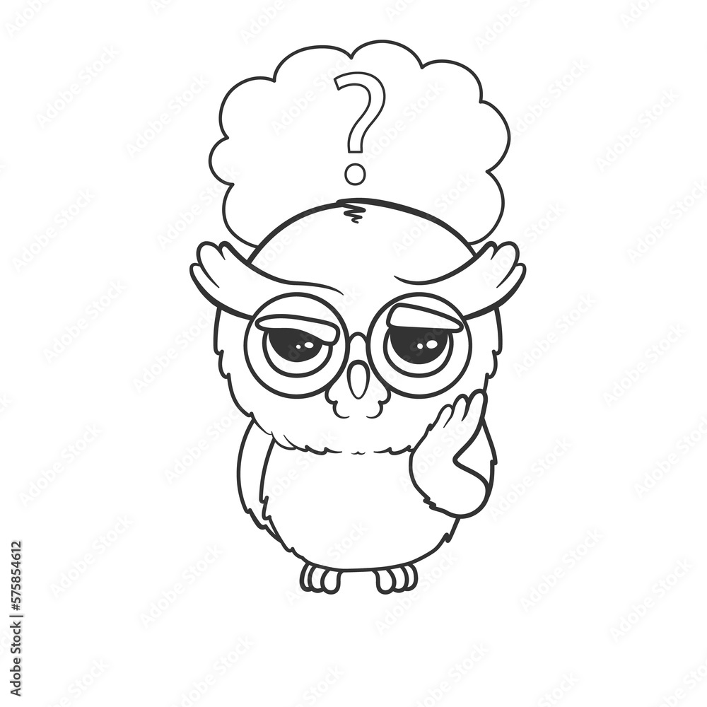 Cute cartoon owl with question mark in speech bubble. Illustration on transparent background