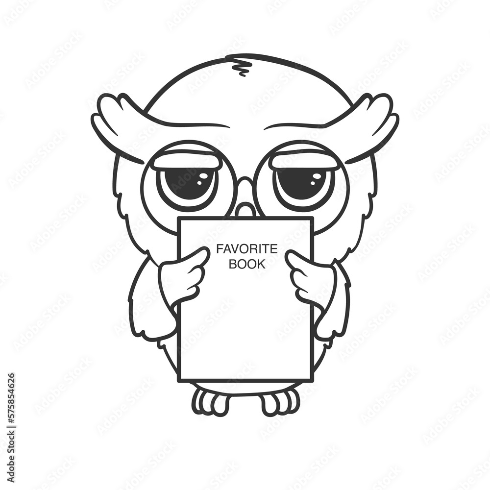 Cute cartoon owl with a favorite book. Illustration on transparent background