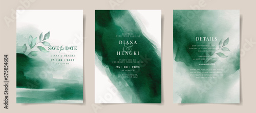Elegant emerald green watercolor with leaves decoration on wedding invitation card template