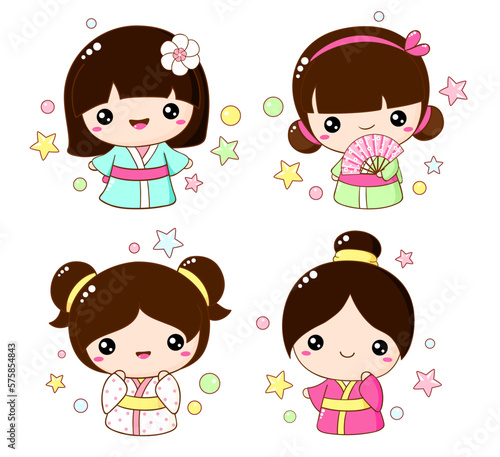 Set of cute little girls in kawaii style. Hanami season collection of Japanese traditional toy kokeshi doll in kimono. Vector illustration EPS8  