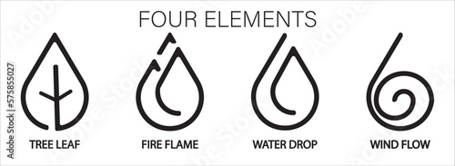 The four elements icons, line symbols. Vector illustrator logo template. Wind, fire, water, earth in flat design