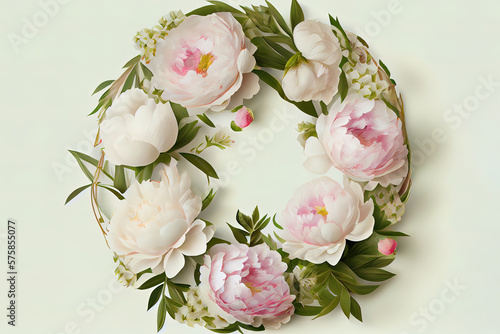 Watercolor wreath from realistic pink and white flowers. For card, wedding design. Tender vintage mood. Generative Ai