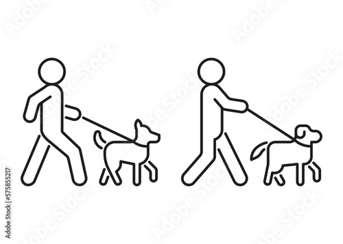 Person walk with dog on leash, line icon. Owner pet, breeder. Dog sitting. Vector sign