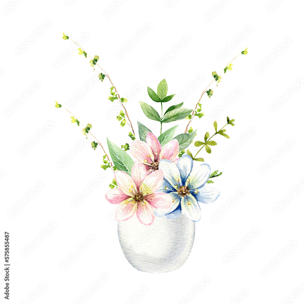 Watercolor easter hand drawn illustration. Spring bouquet in eggshell with flowers and greenery isolated on white background. Holiday design for cards, invites, scrapbooking. Watercolor easter hand drawn illustration. Spring bouquet in eggshell with flowers and greenery isolated on white background. Holiday design for cards, invites, scrapbooking.