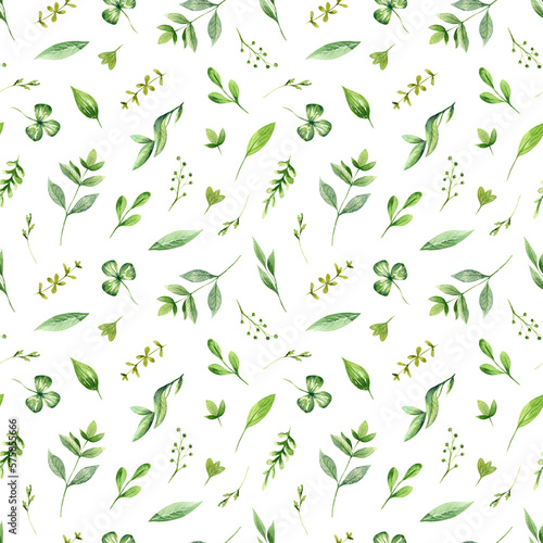 Watercolor seamless pattern with green leaves and herbs. Fresh floral design. Botanical print. Hand drawn illustration. Spring design for Easter decor, fabric, textile, wallpaper, scrapbooking.