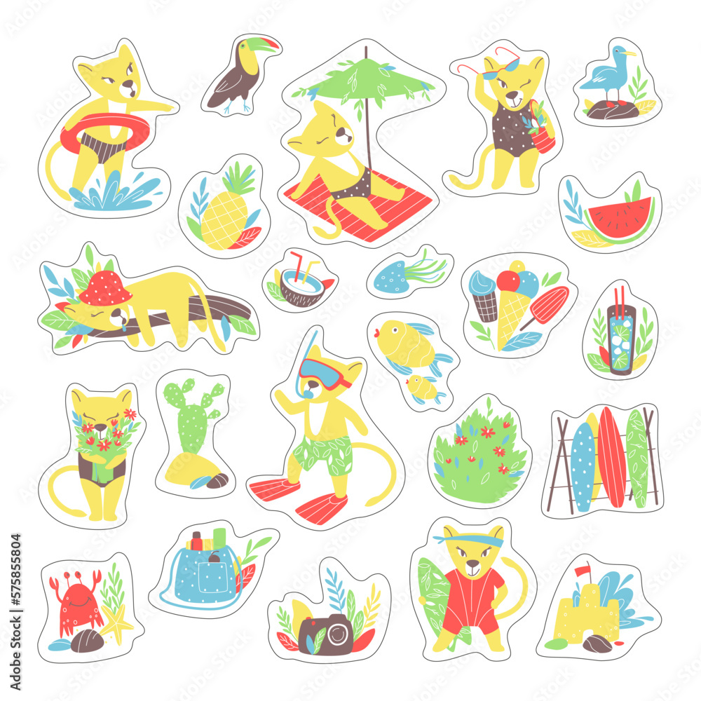 A set of stickers with a lioness on the beach. Crab, seagull, toucan, jellyfish and fish. Plants and beach food. Summer vacation on the beach. Flat vector illustration.
