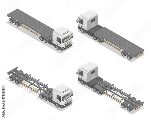 Semi trailer Truck and flatbed isometric front and rear Top view no container blank isolated illustration on white set Cartoon vector
