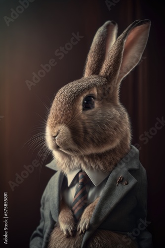 Portrait of rabbit businessman wearing a suit generated by AI technology