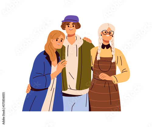 Happy friends hugging. Young smiling man, women embracing. People standing together, portrait. Support and love in friendship concept. Flat graphic vector illustration isolated on white background