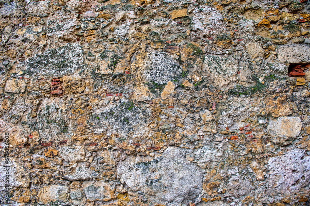 Medieval brick-laying technique, fortified wall in Saint George's. Castle in Lisbon, Portugal
