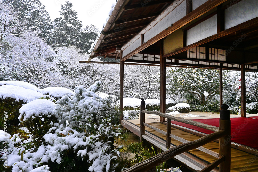 降雪の京都市 詩仙堂丈山寺の唐様庭園