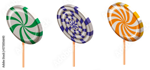 Set of Lollipop Swirl Candy Spiral Isometric. Sweet spiral striped caramel, on stick, vector cartoon style