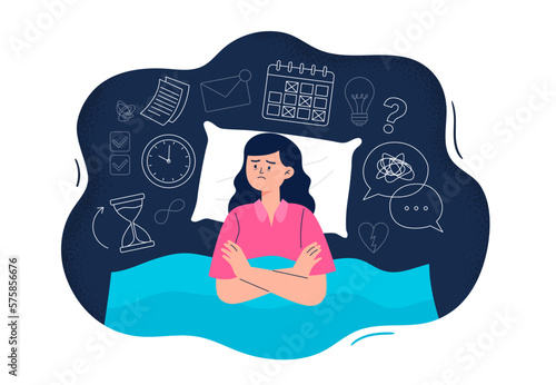 An overwork and stress symptom. Young sleepless woman lying in bed and thinking about problems, deadlines, tasks, and conversations. Vector flat illustration isolated on white background.