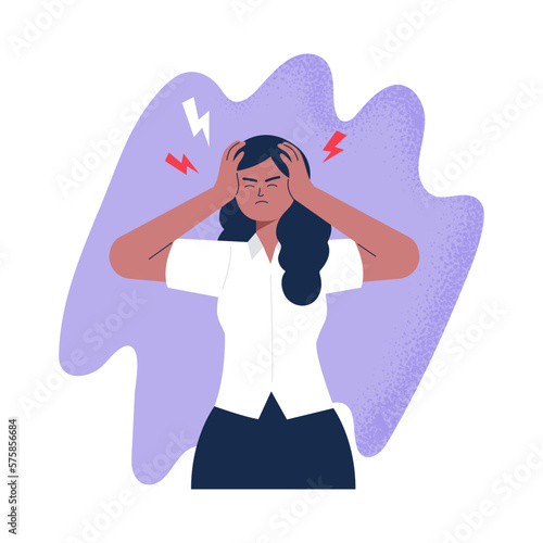 Woman with a headache. Tension, fatigue, and pain. A mental health problem. Vector flat illustration isolated on the white background.
