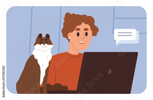 Freelancer works at home. Happy business woman and cute cat during online com...