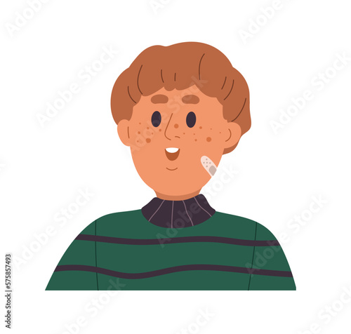 Excited surprised kid with wondered, amazed expression. Cute astonished child with freckles on face. Happy funny shocked boy staring, looking. Flat vector illustration isolated on white background
