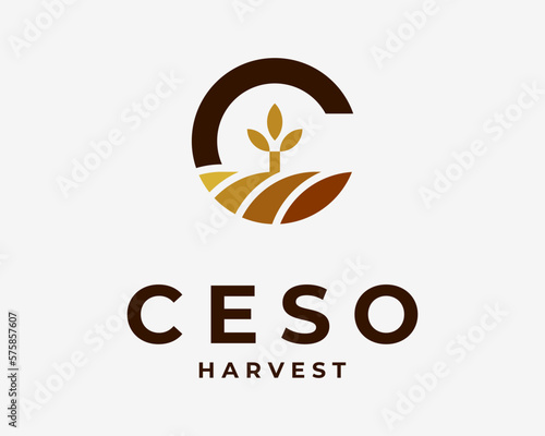 Letter C Initials Agriculture Grain Wheat Harvest Farm Land Grow Simple Minimal Vector Logo Design