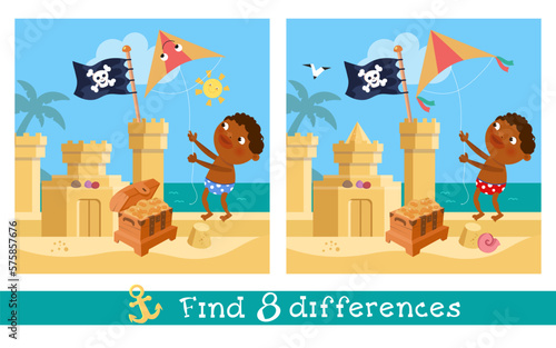 Find 8 hidden differences. Educational puzzle game for children. Cute boy flying kite on beach in summer. Cartoon character and sand castle. Vector illustration.